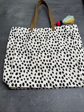 Spotted Canvas Tote Bag with Tan Handles